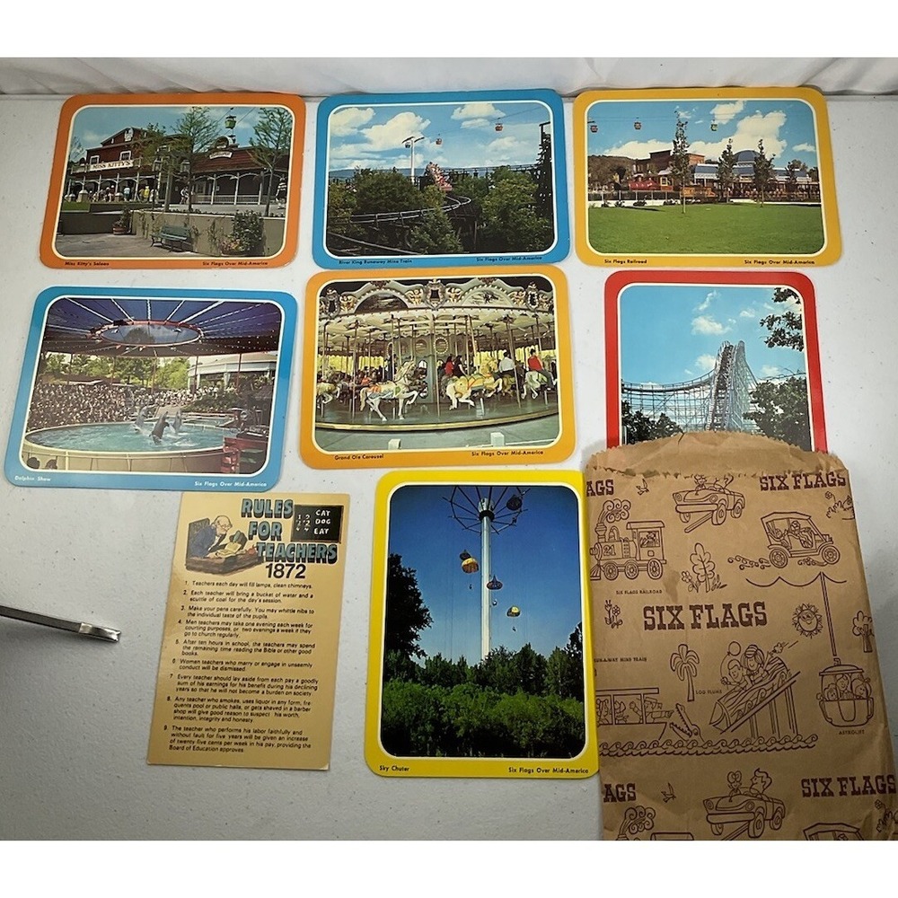 Lot Of 8 Vintage Six Flags Of Mid America Postcards With Six Flags Bag